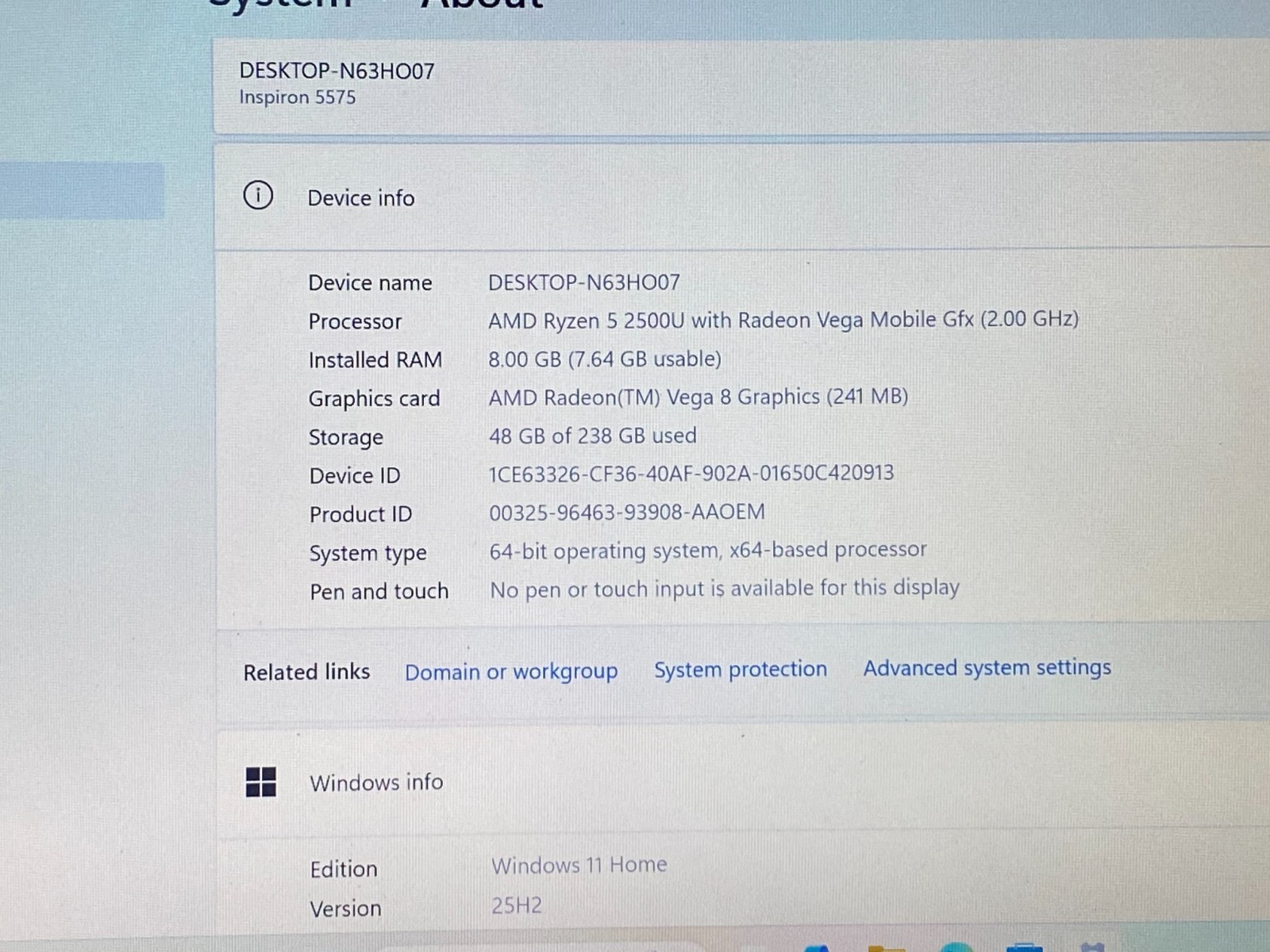 DELL INSPIRON 5575 RYZEN5-2500U@2.00GHz 8GB RAM 256GB SSD NVMe W11H
