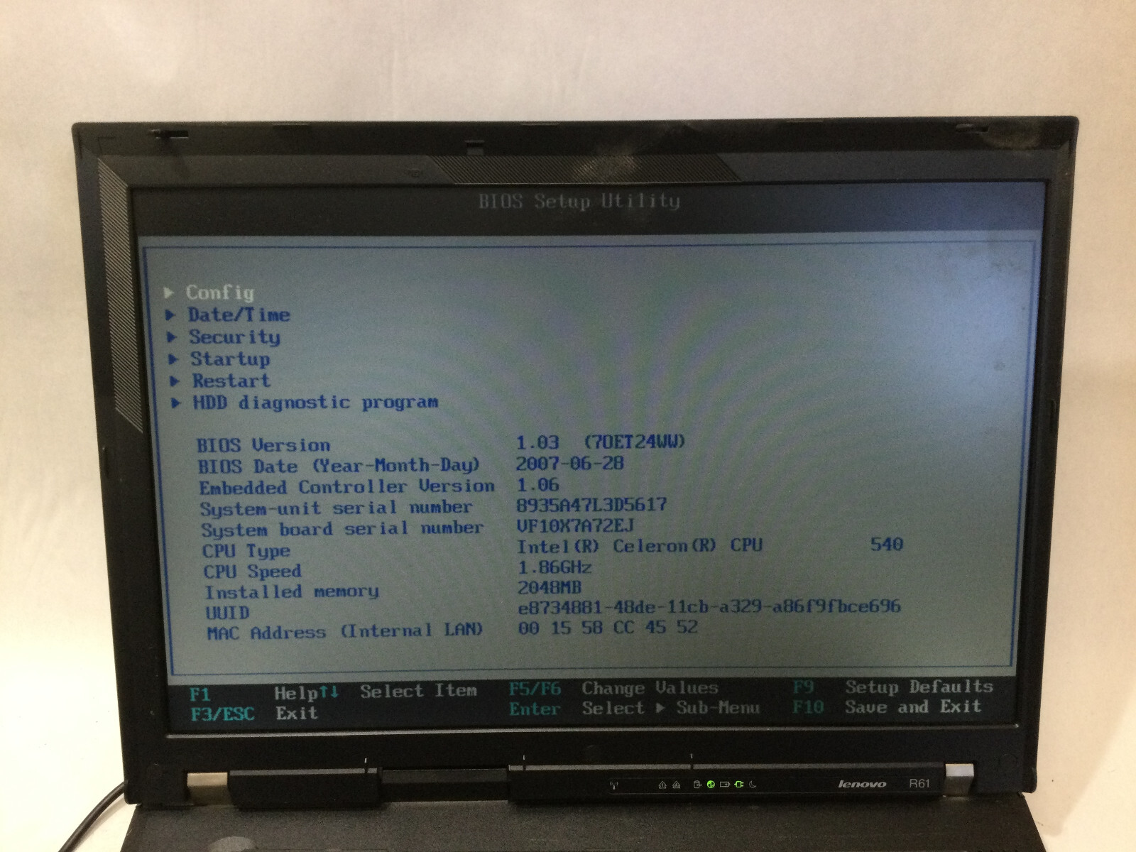 LENOVO THINKPAD R61 – BOOTS TO BIOS – INTEL CELERON – NO RAM – READ DESCRIP – BB