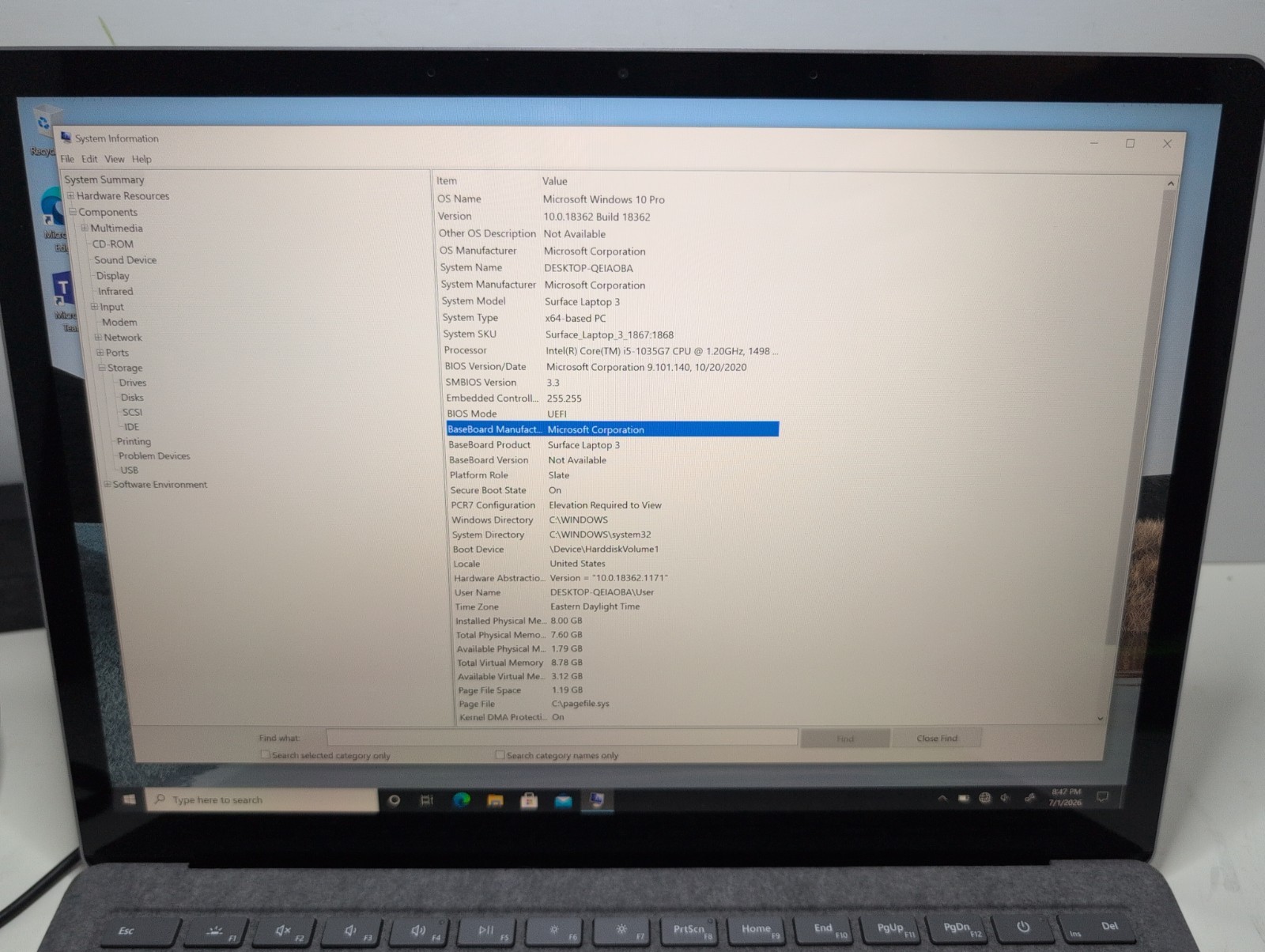 Microsoft Surface Laptop 3 13.5″ Touch i5-1035G7 8GB R 128GB SSD Win10 Clean NM