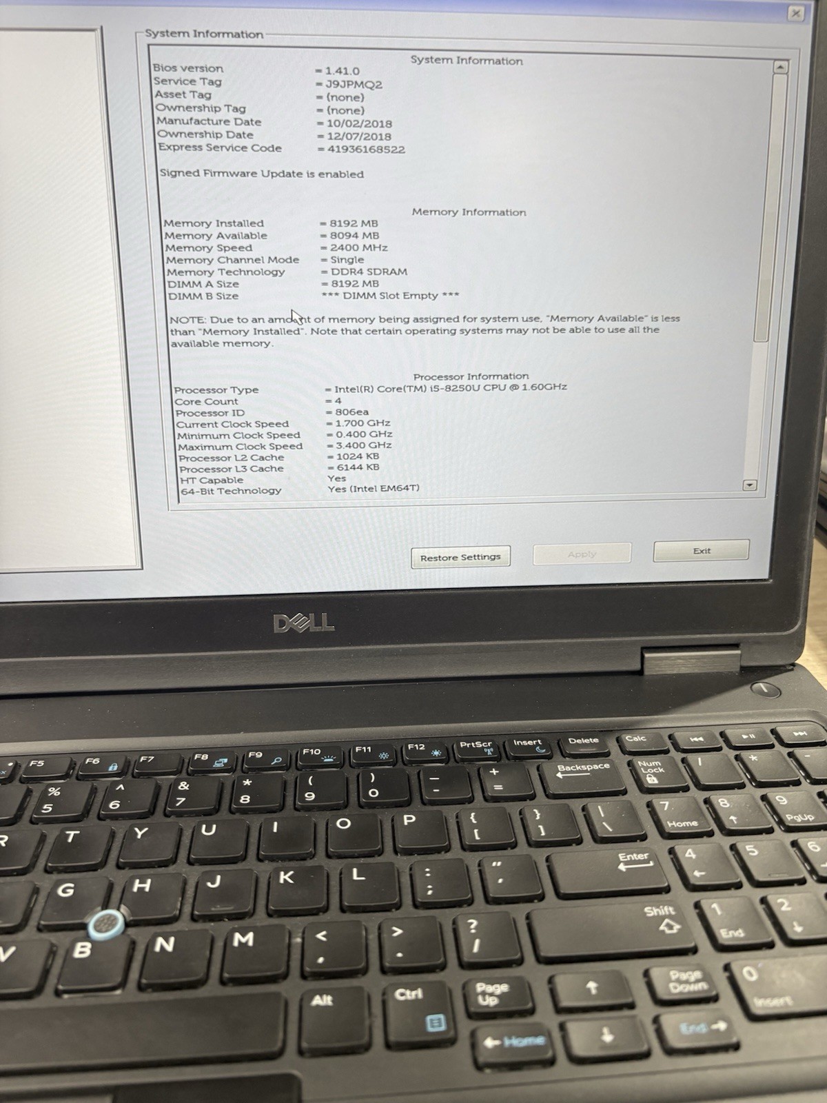 DELL LATITUDE 5590 INTEL CORE I5-8250U 1.60GHZ 8GB RAM NO HD BAD BATTERY #409