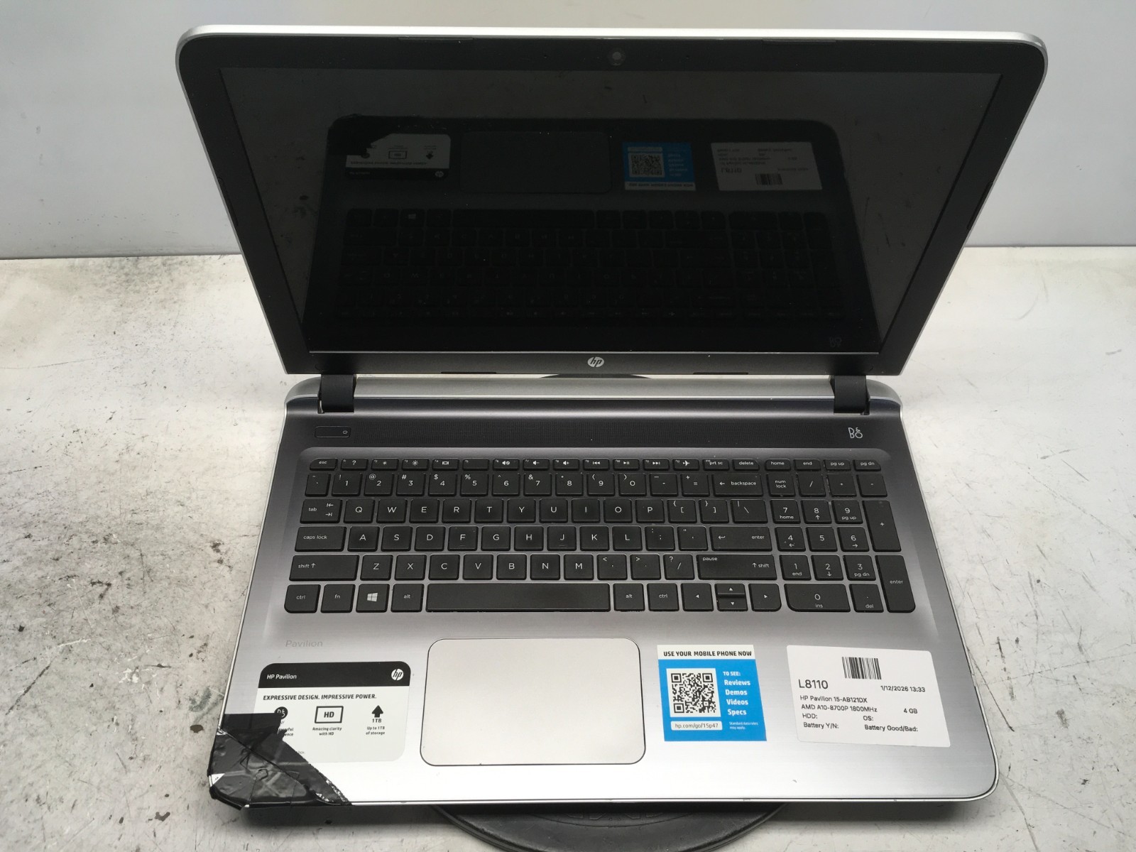 HP Pavilion 15-AB121DX AMD A10-8700P 1800MHz 4 GB NO HDD No Batt