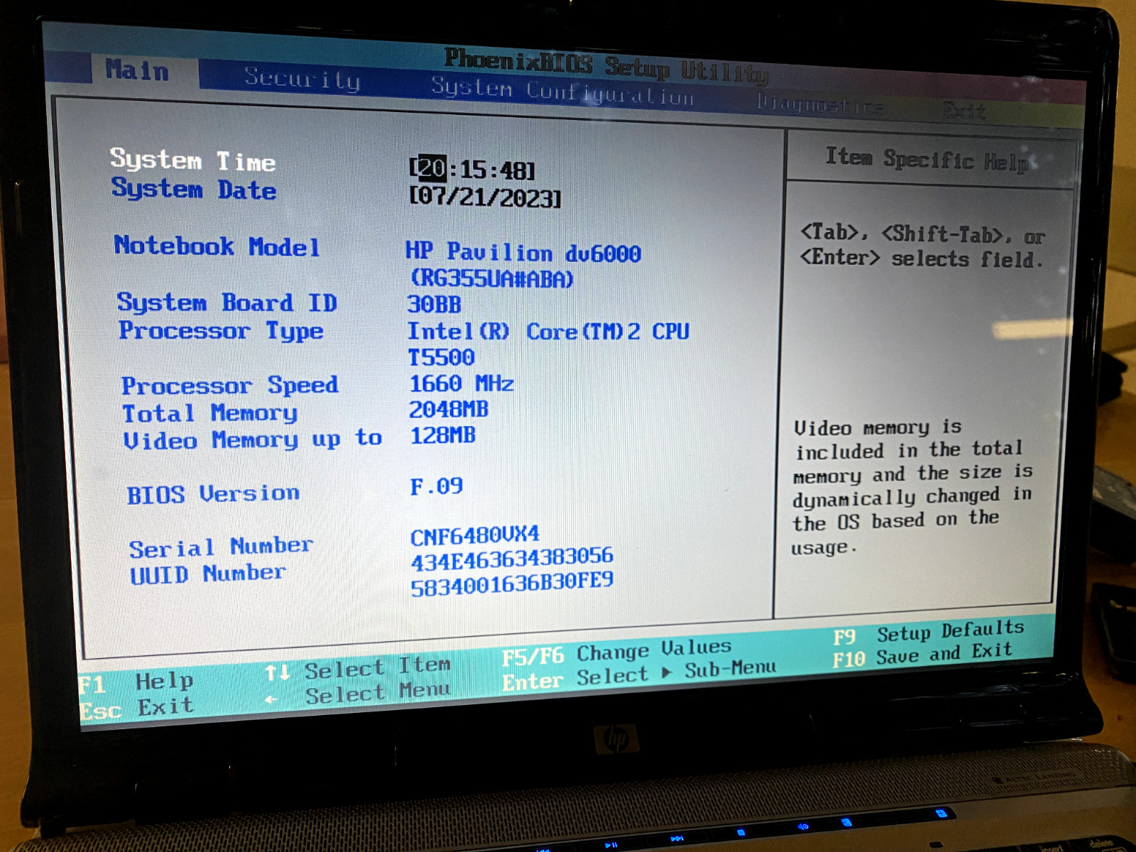 HP Pavillion DV600 – Intel Core 2 T5550, 1.66 MHz, 2 GB RAM NO HDD Boot to BIOS
