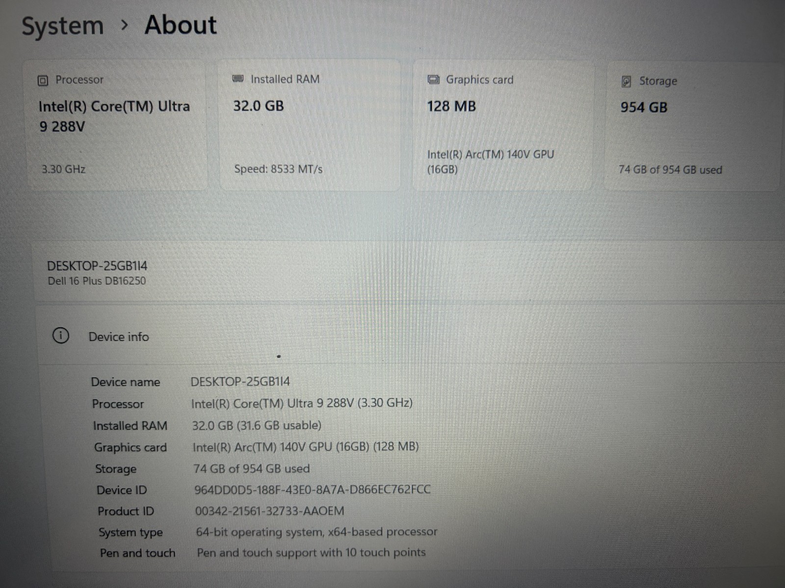 DELL 16 DB16250 VPVXG Intel Core Ultra 9 288V, 3.30 GHz, 32 GB RAM, 1 TB NVMe