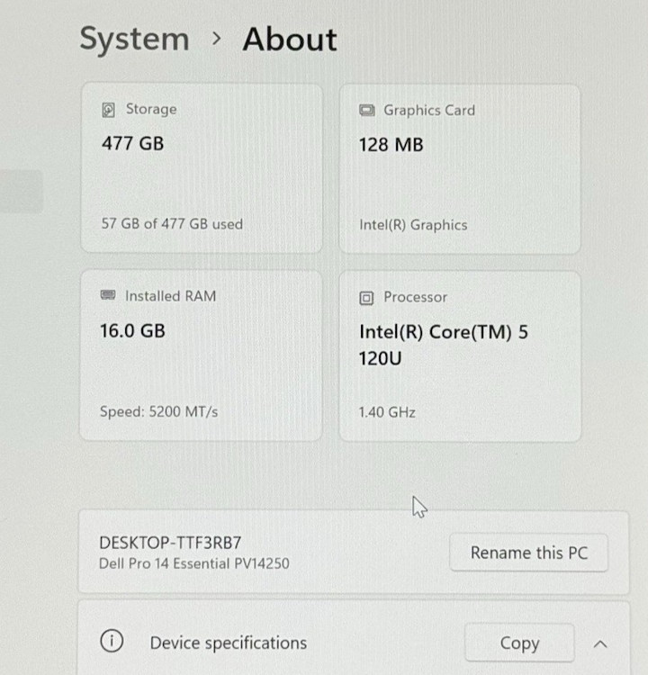 Dell Pro 14 Essential PV14250 14″ Laptop Intel Core 5 120U – 16GB RAM 512SSD