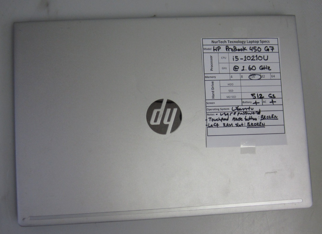 HP ProBook 450 G7 i5-10210U 1.6GHz 16GB 512GB M2SSD UBUNTU Laptop + AC READ