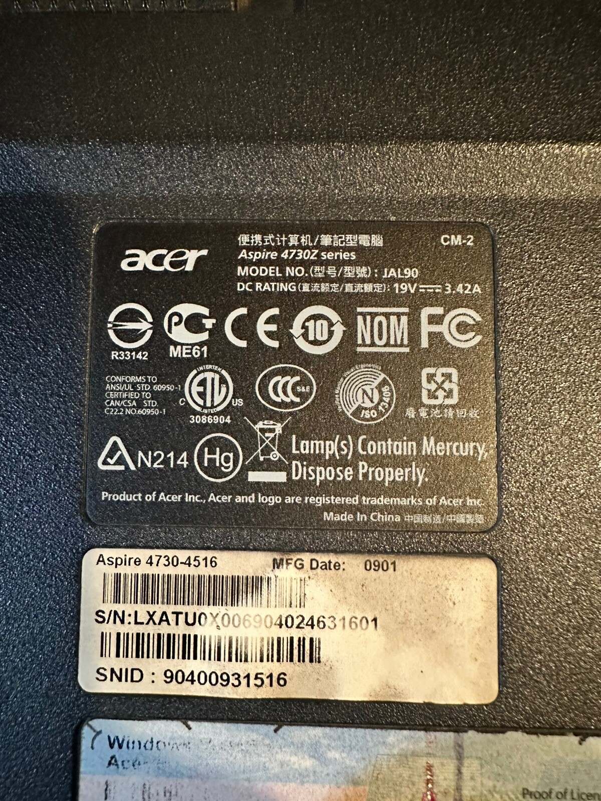 Acer Aspire 4730Z Vintage Laptop Pentium Dual T3400 2.16GHz 2GB RAM No HDD