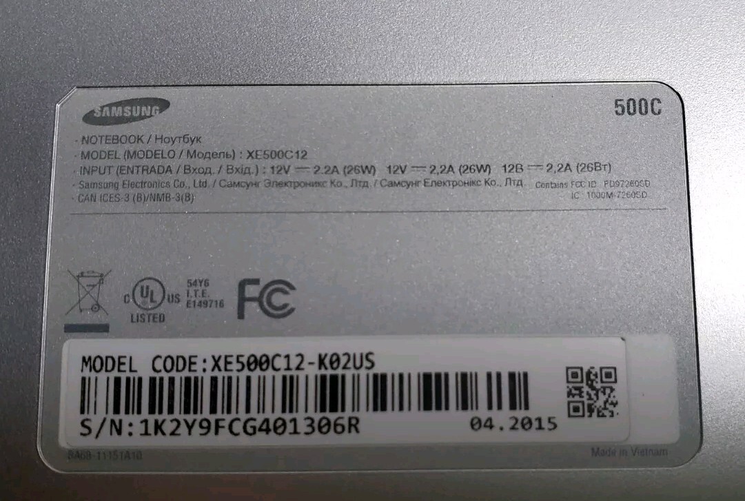 Samsung Notebook – XE500C12K01US Soft Top No Power Cord Preowned