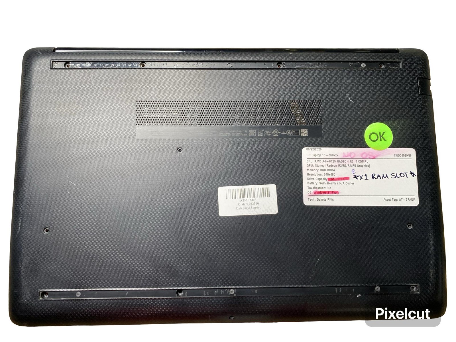 HP Laptop15 db0xxx AMD A4 9125 Radeon R3 8GB No OS/SSD Battery Inc Grade C