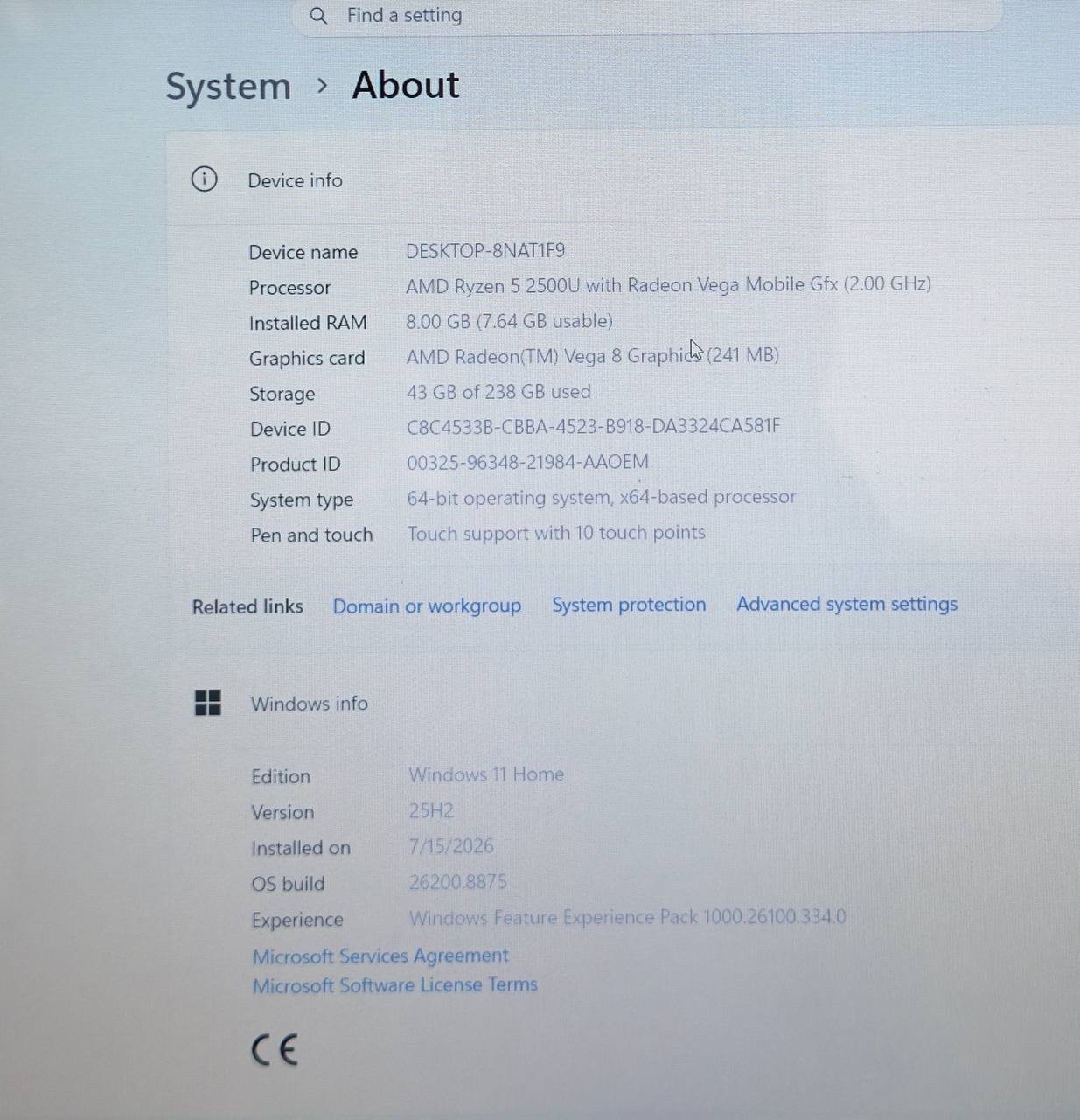 Dell Inspiron 5575 15.6″ TouchScreen Laptop Ryzen 5 2500U 8GB RAM 256GB Win 11