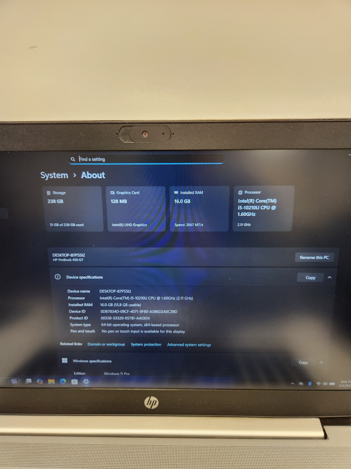 HP ProBook 450 G7 Core i5-10210U, 16GB RAM, 256GB SSD, Win11 Pro #0410
