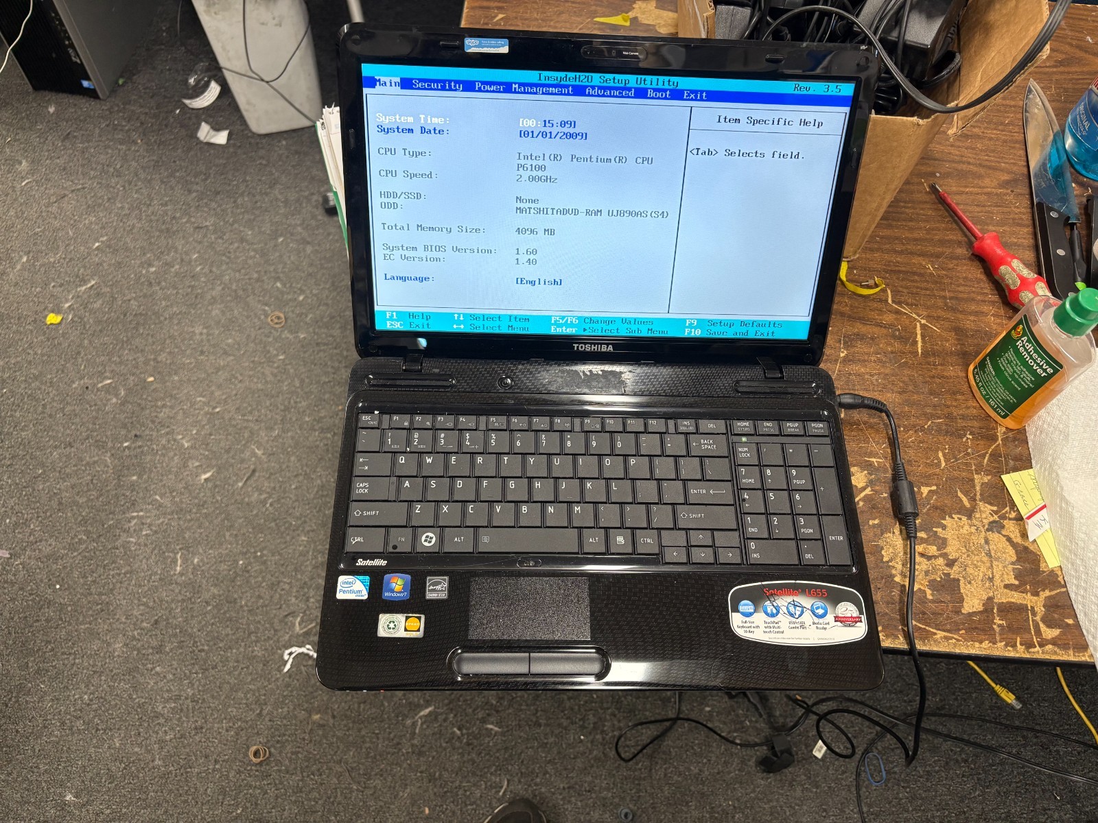Toshiba Satellite L655 Intel Pentium CPU P6100 2.00GHz 4GB No HDD No OS