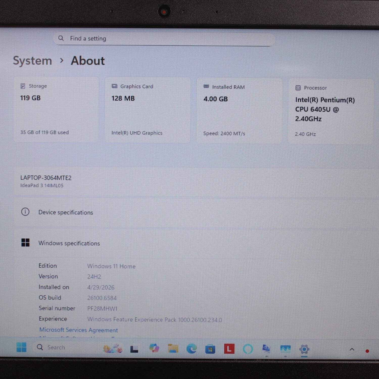 Lenovo Ideapad 3 14IML05 14″ Pentium 6405U 2.4GHz 4GB RAM 128GB SSD