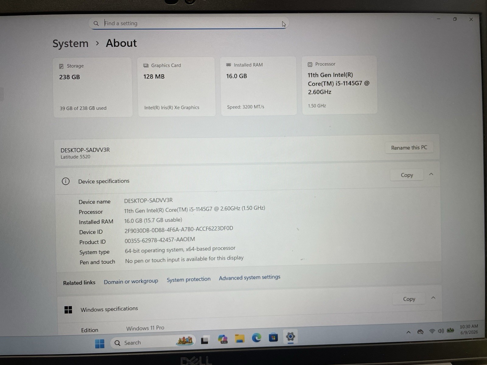 Dell Latitude 5520 256gb Nvme Win 11 i5-1145G7 4 Core 2.60ghz 16gb RAM Webcam 9