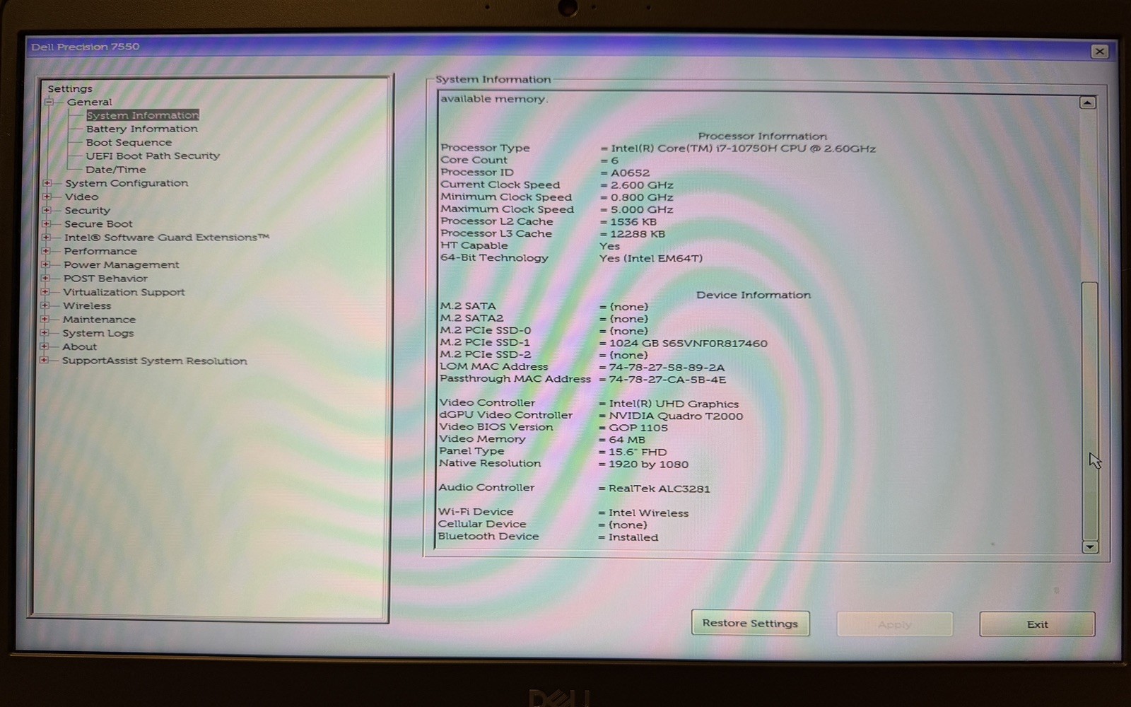 Dell Precision 7550 laptop, i7-10750H, 32GB RAM, Nvidia Quadro T2000, 1TB SSD