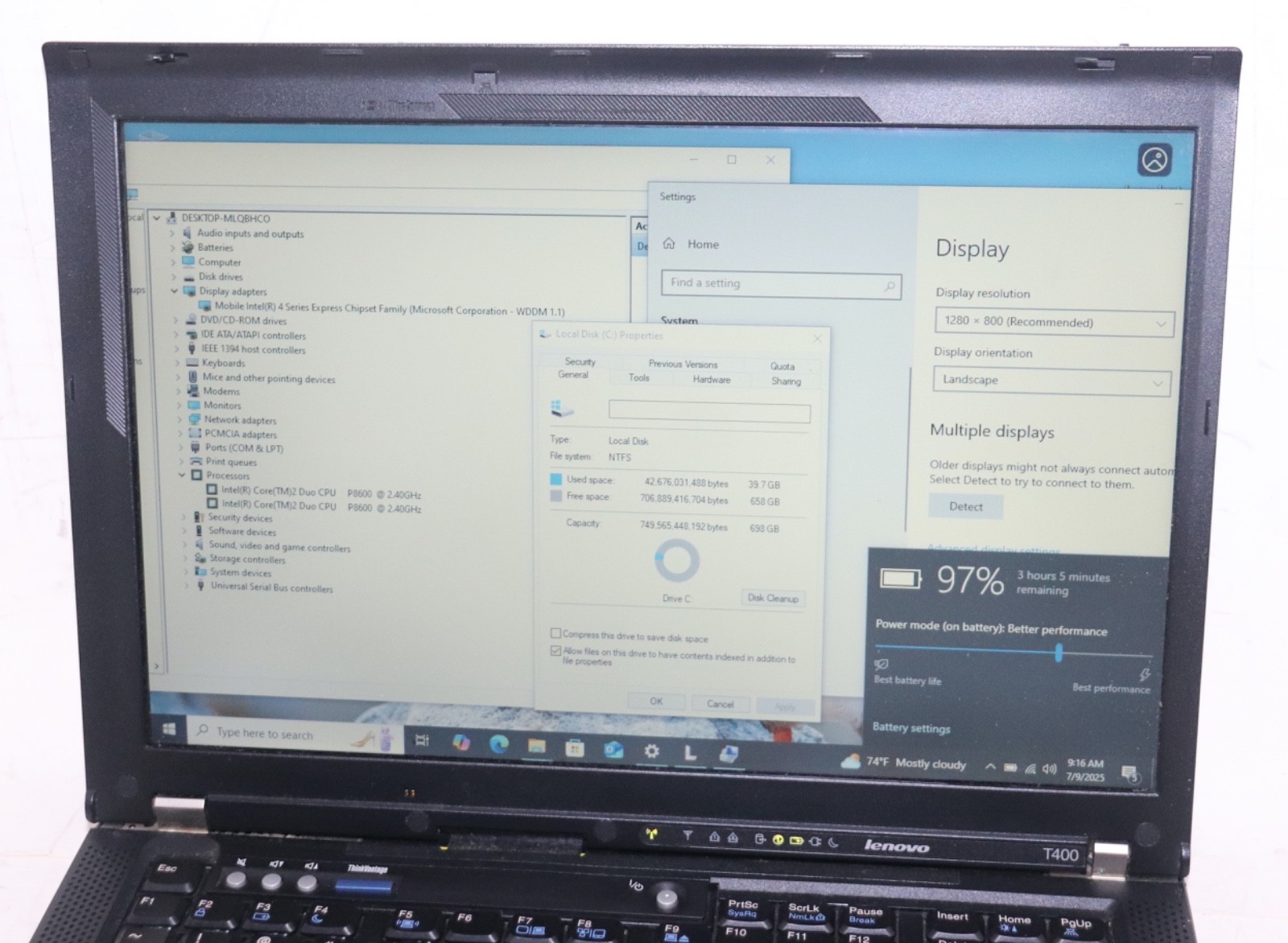 Lenovo ThinkPad T400|IntelCore Duo@2.40GHz|6GB RAM|500GB HDD|WIN 10 Prof|WiFi