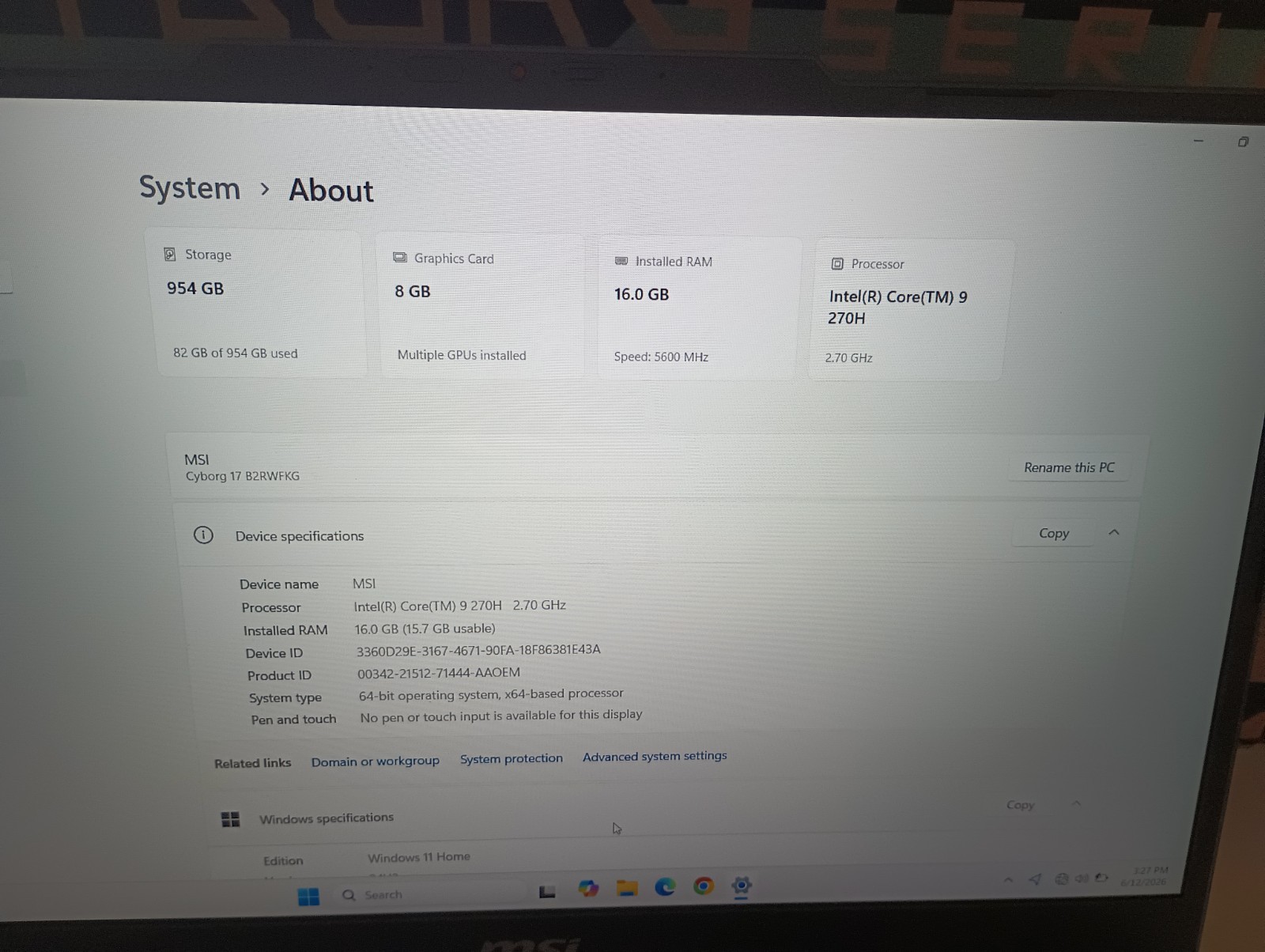 MSI CYBORG 17 17.3″ GEFORCE RTX 5060 16GB LAPTOP GPU INTEL CORE 9 270H 1TB SSD