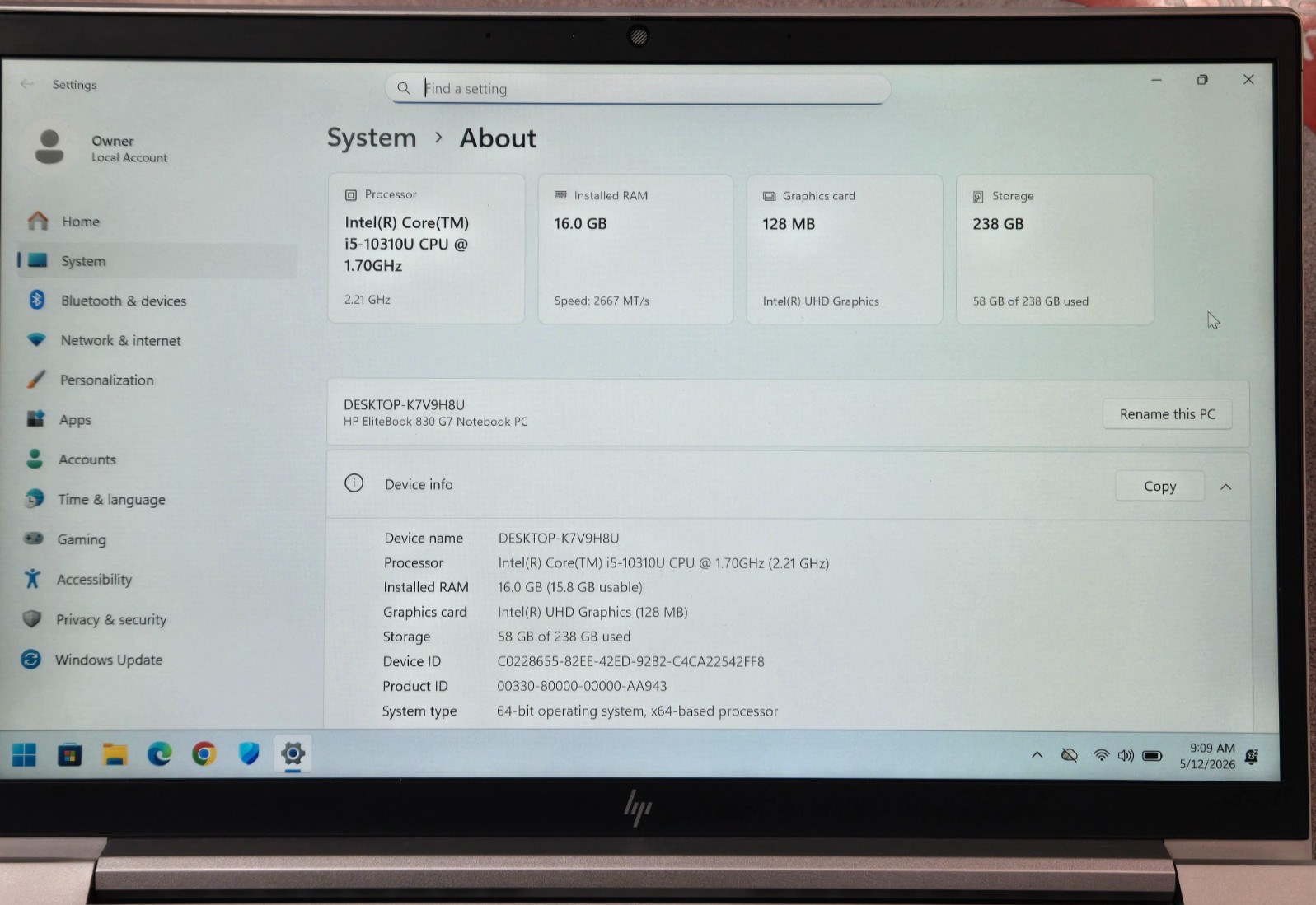 HP 13.1″ Laptop Elitebook 830 G7 i5-10310U 16GB 256GB NVMe Windows 11 Pro TESTED