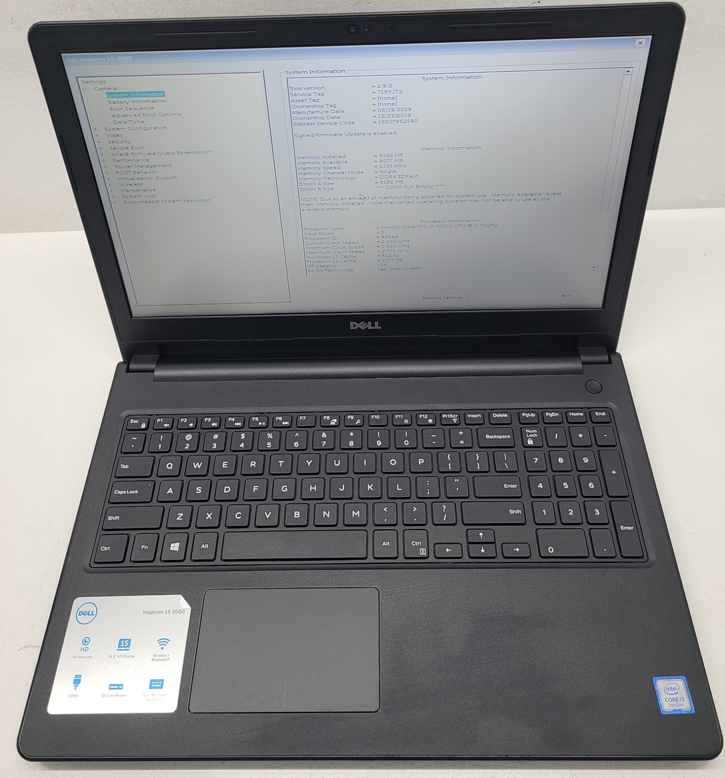Dell Inspiron 15-3567 15.6″ Laptop Intel i3-7130U 8GB RAM 1TB HDD NO OS (FL)