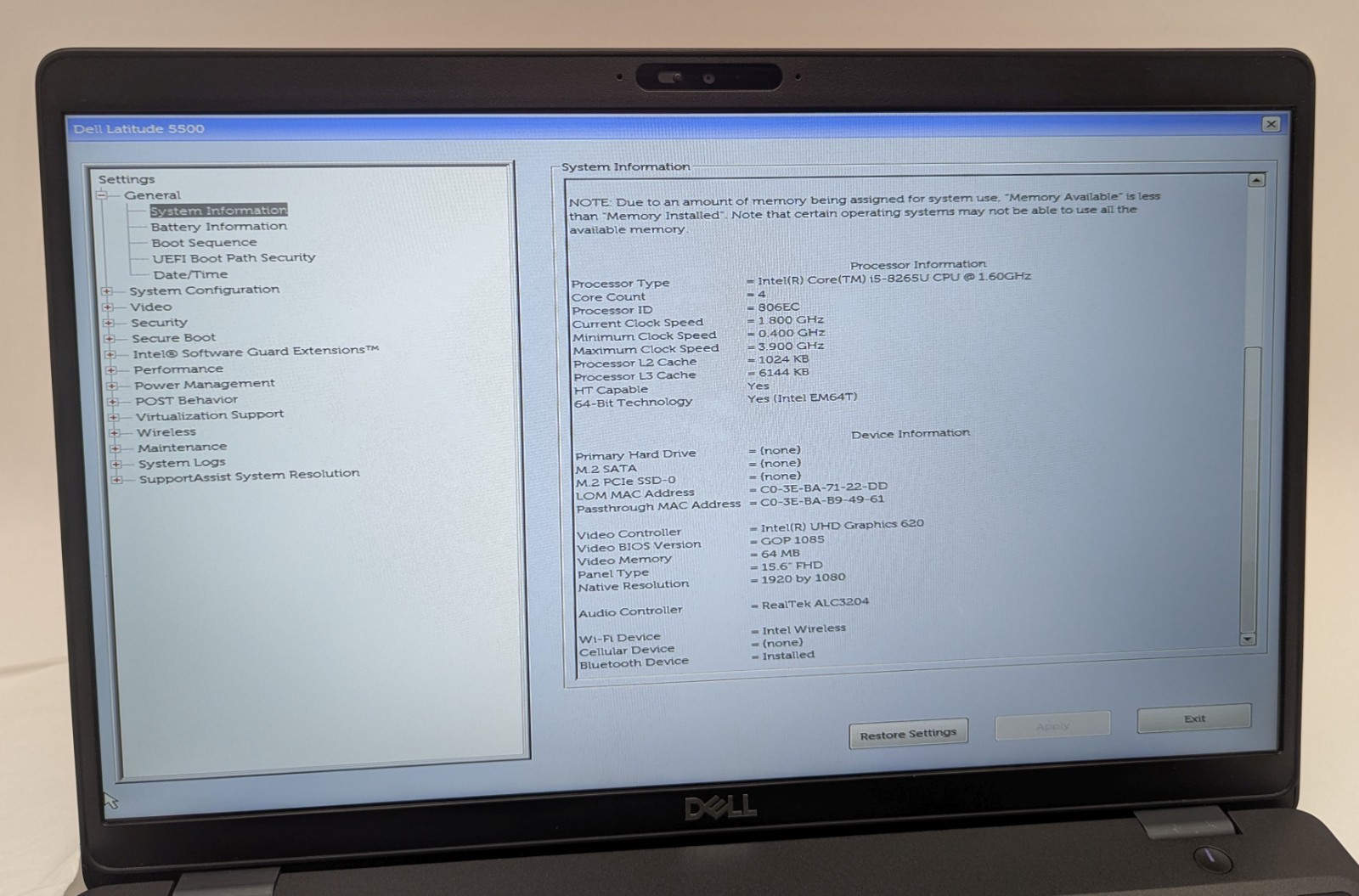 Incomplete Dell Latitude 5500 15.6″ Laptop Intel Core i5-8265U 1.60GHz 16GB RAM