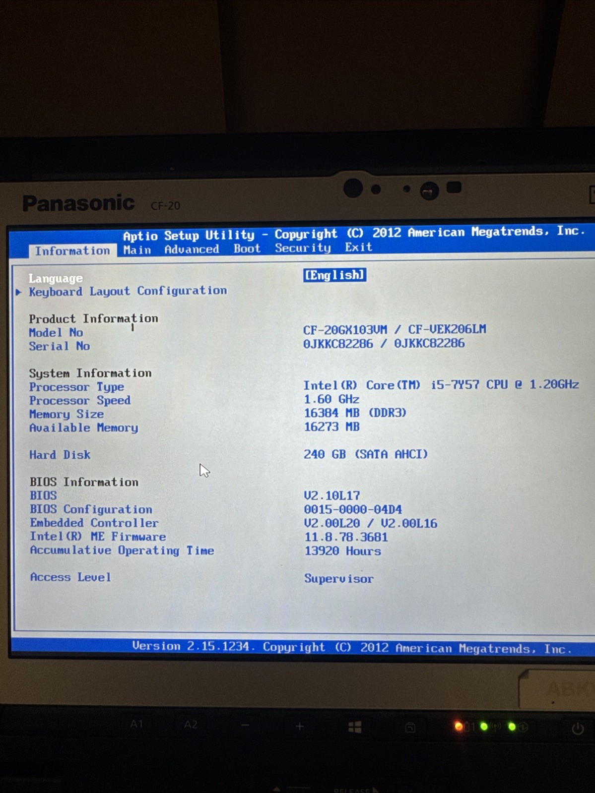 Panasonic Toughbook CF-20 i5-7Y57 1.20GHz 240 GB SSD 16GB No Window 7th Gen