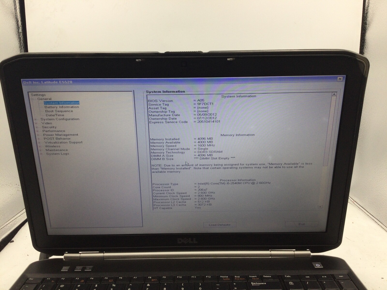 DELL LATITUDE E5520 – BOOTS TO BIOS – INTEL I5 2540 – NO RAM – 15″ – READ – BB!