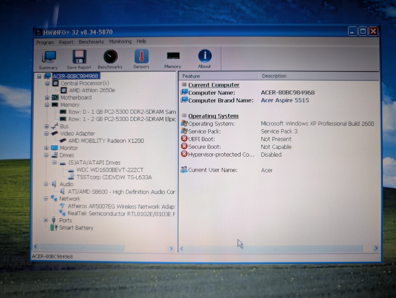 15″ Acer Aspire 5515 | AMD Athlon 2650e 3GB RAM 160GB HD | Win XP Pro 32-Bit DVD