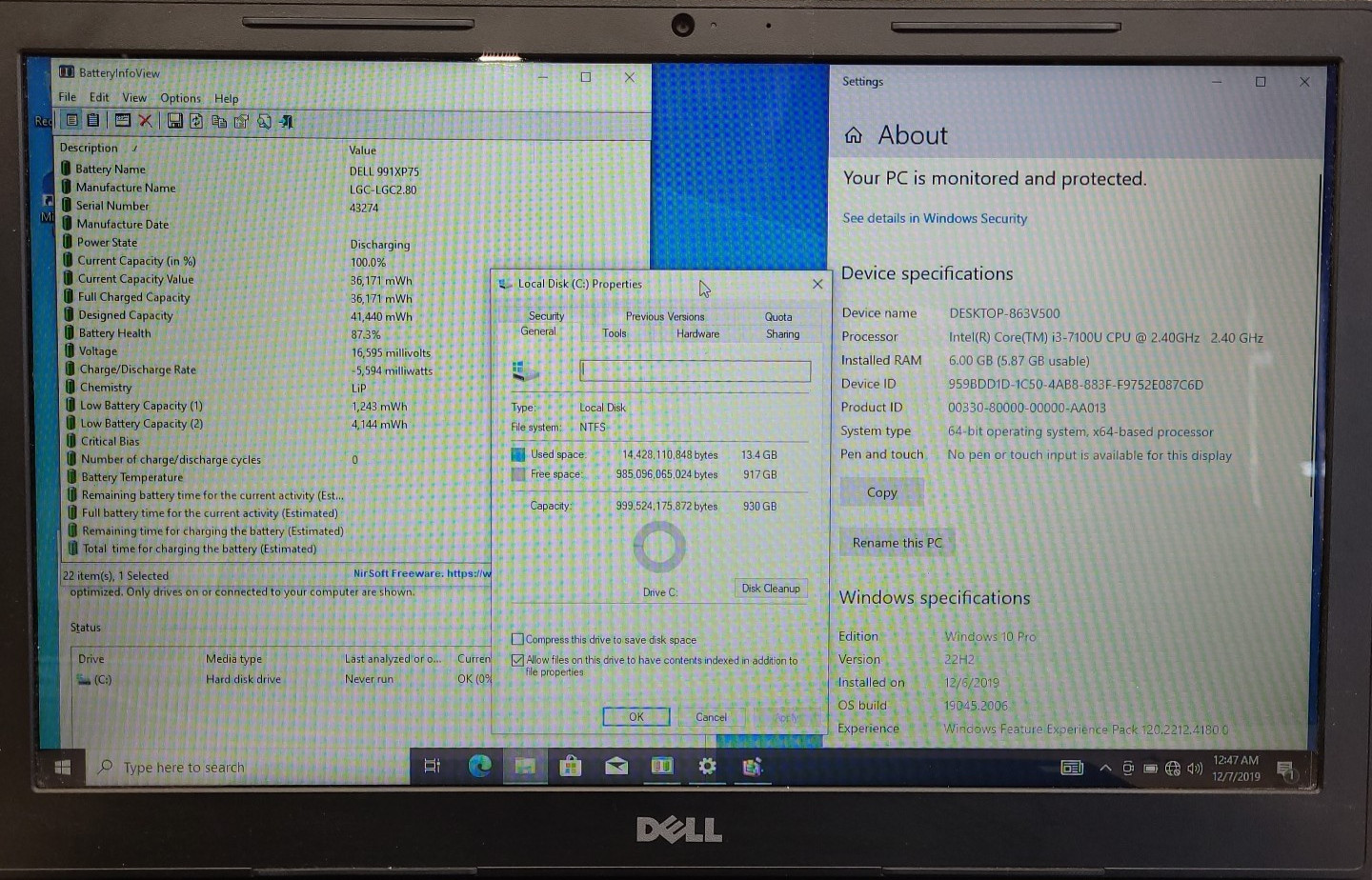 Dell Inspiron 15-3567, Intel Core i3-7100U @ 2.4GHz, 6GB RAM, 1TB HDD, W10P