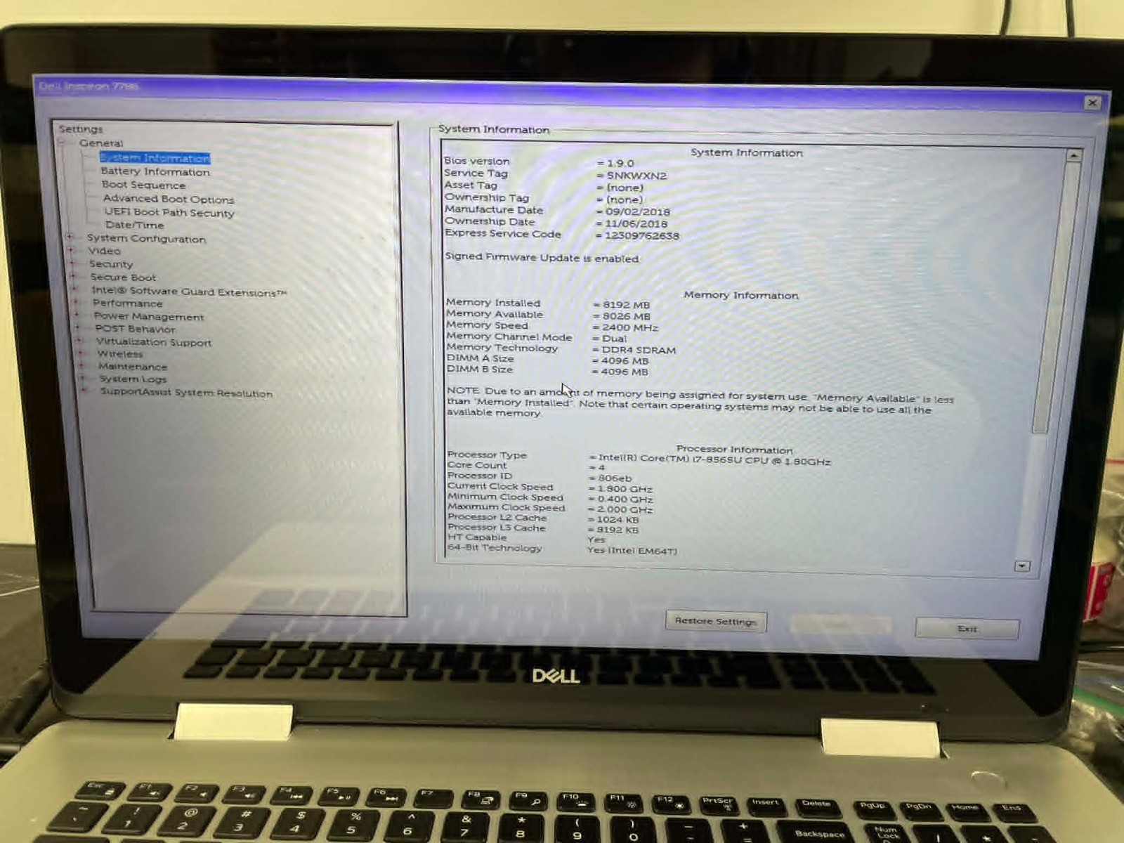Dell Inspiron 7786 17″ – Core i7-8565U 1.8GHz 8GB RAM No HD/OS/Battery