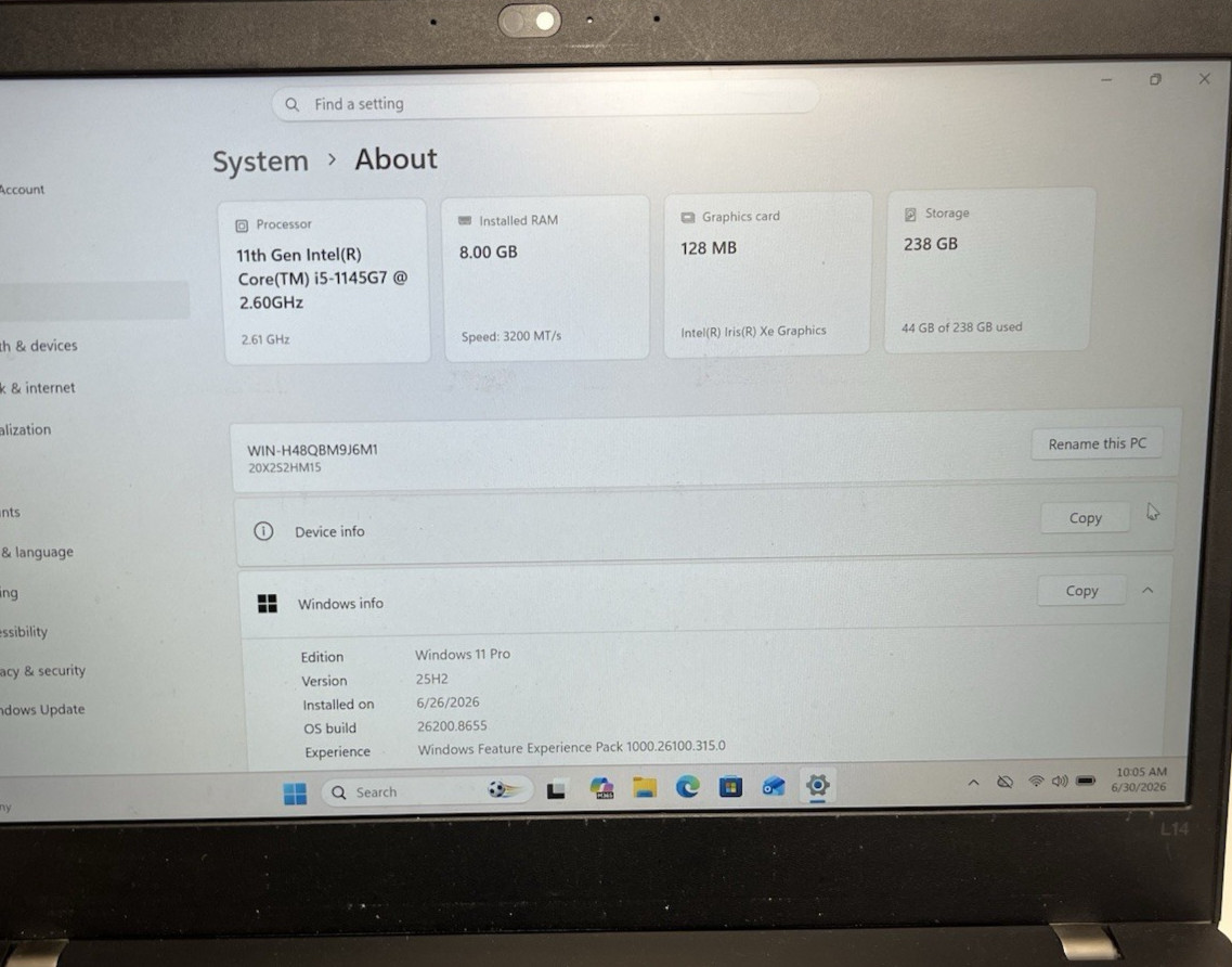 Lenovo ThinkPad L14 14″ Intel Core i5-1145G7 Laptop- 8GB RAM – 256GB NVme – W11P