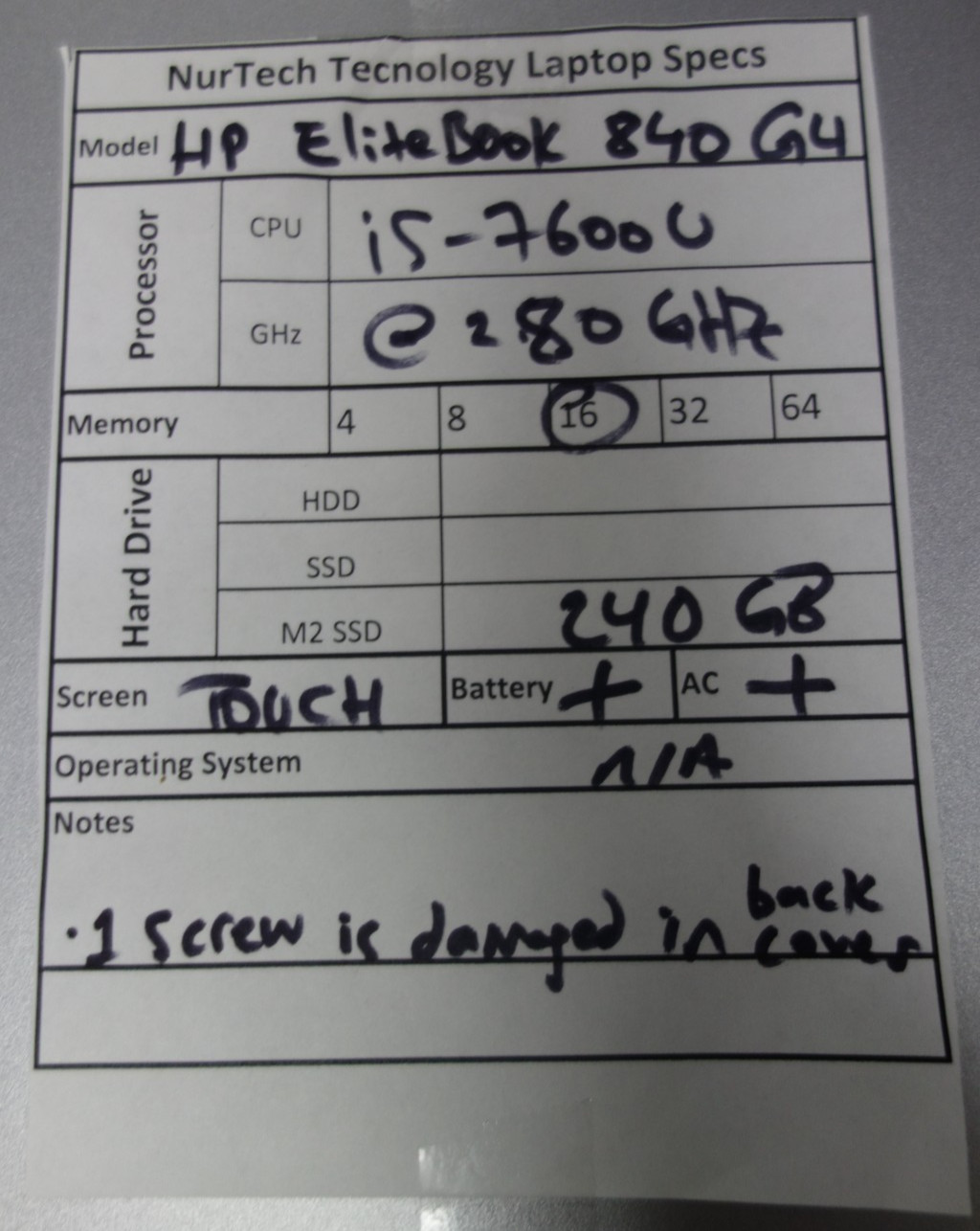 HP EliteBook 840 G4 [TOUCH] 14″ i5 2.8GHz 16GB/240GB m2SSD [NO OS] Laptop + AC