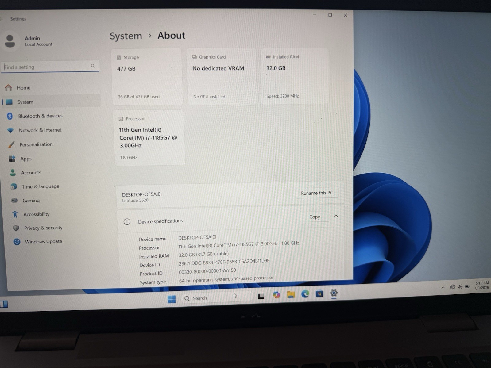 Dell Latitude 5520 Laptop – i7-1185G7 3.0GHz, 32GB RAM, 512GB SSD, Windows 11