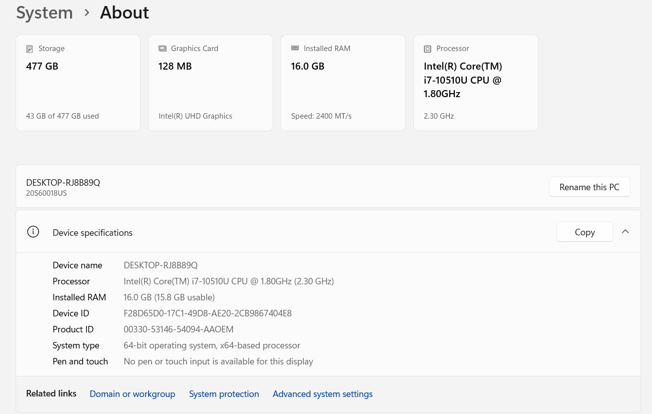 LENOVO ThinkPad T15 Gen1 i7 15.6″ 16GB RAM 512GB SSD WIN11P