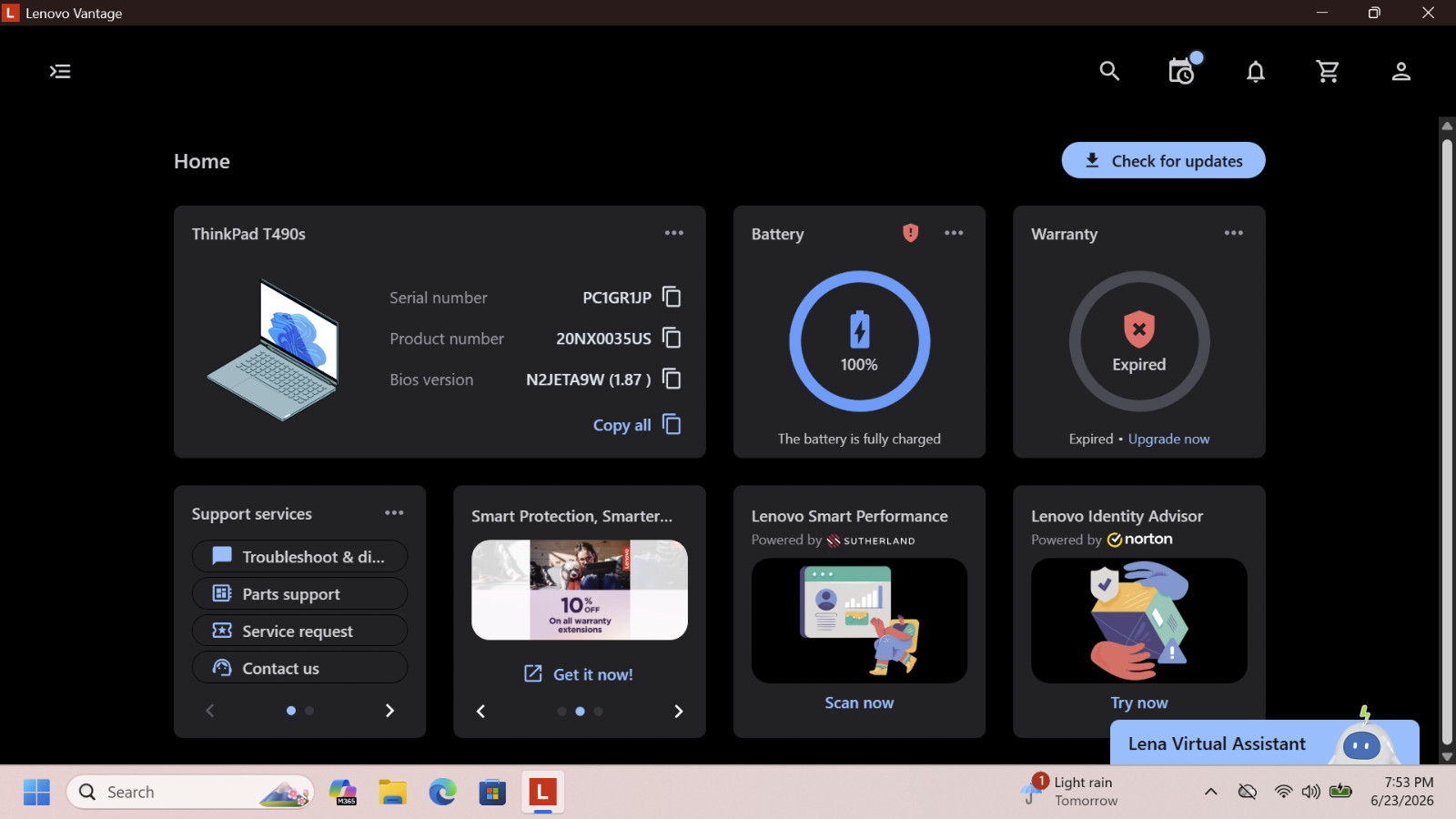 Lenovo ThinkPad T490s (256GB SSD, Intel i5-8365U @1.6GHz ,8GB) [Win 11 Pro 25H2]