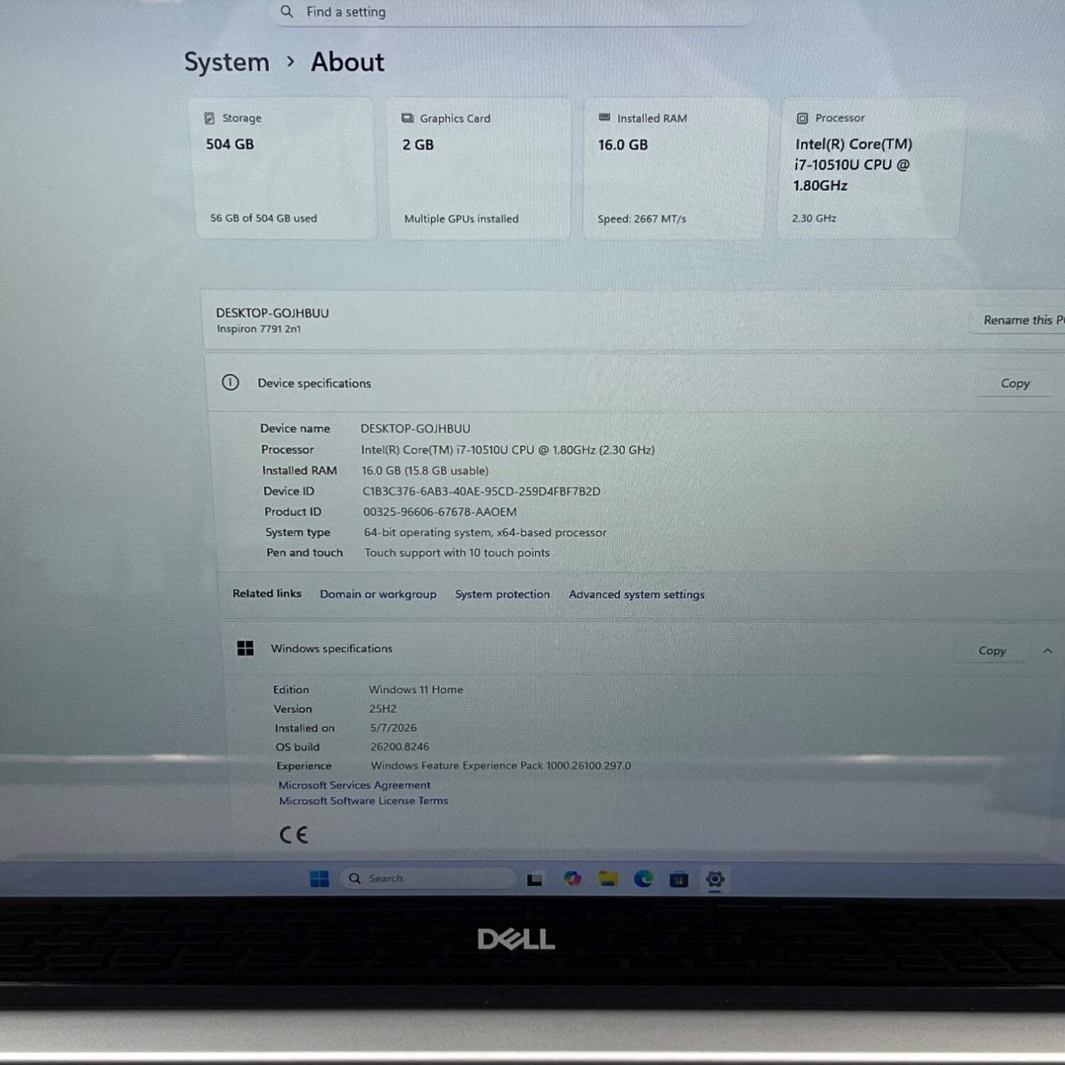 Dell Inspiron 7791 2-IN-1 17″ i7-10510U 1.8GHz 16GB 512GB SSD GeForce MX250 READ