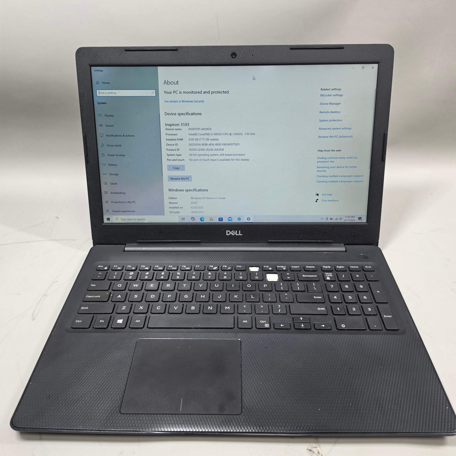 Broken Dell Inspiron 3953 15.6″ Core i3-1005G1 1.2GHz 8GB RAM 128GB SSD
