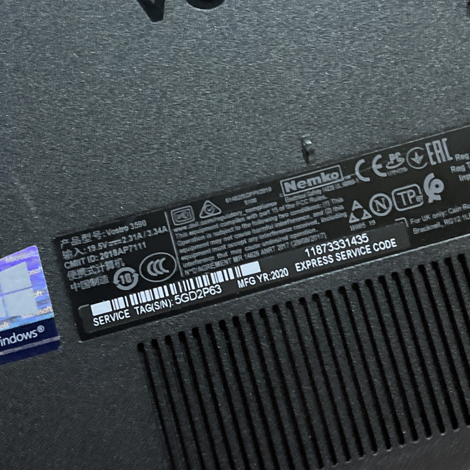 DELL VOSTRO 3590 INTEL CORE I5-10210U 8GB RAM NO HD