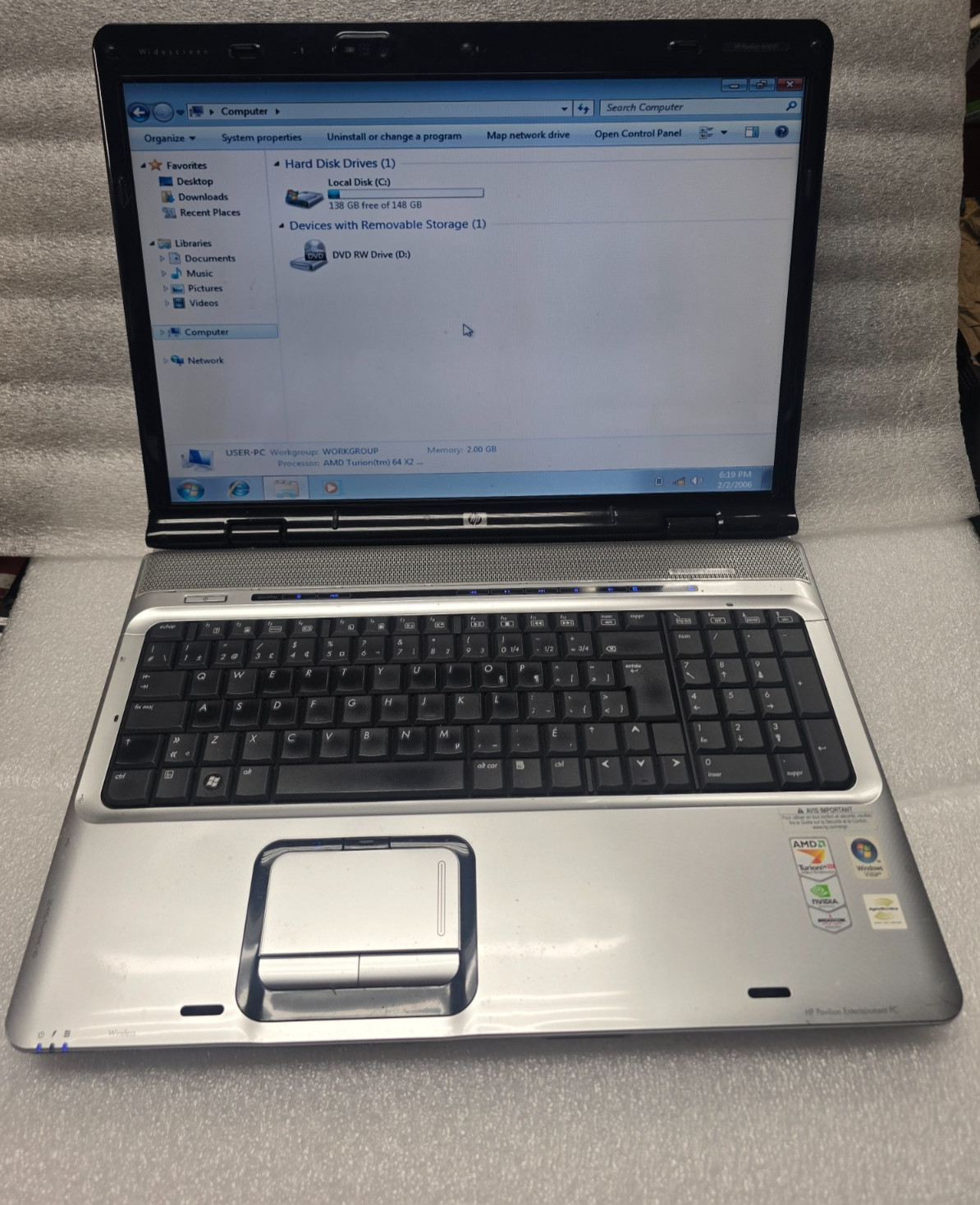 HP Pavilion dv9000 17″ Laptop Windows 7 AMD Turion 64 x2 &2 GB RAM Installed