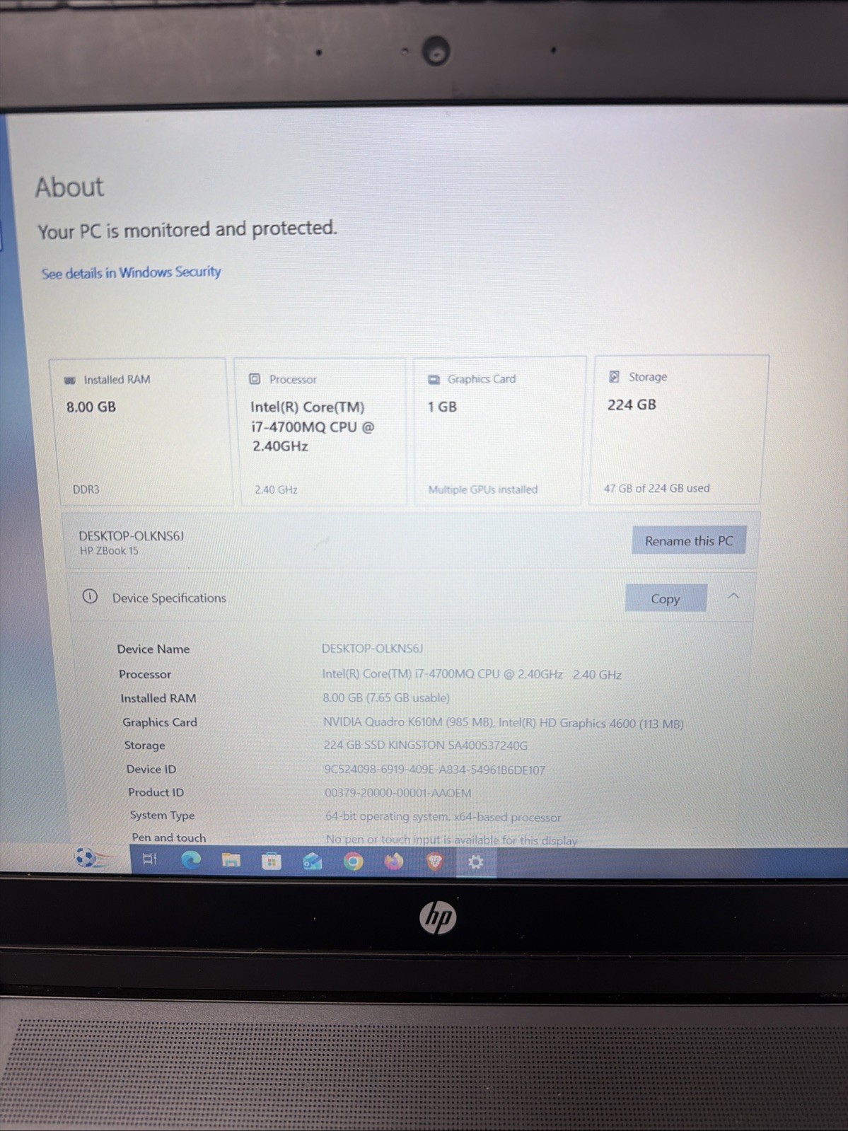 HP ZBook 15 15.6″ Laptop i7-4700MQ 8GB RAM 240GB SSD Quadro K610M Windows 10 Pro