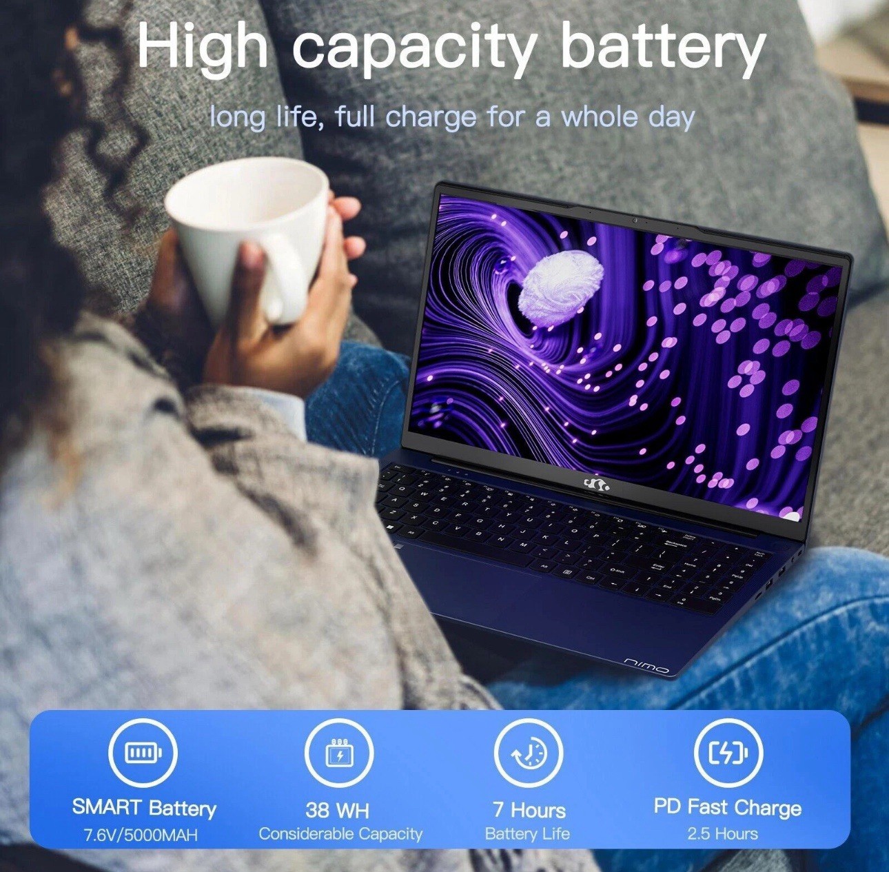 Nimo 15.6″ IPS Laptop Intel Alder Lake N100 8GB RAM 128GB SSD Blue Fingerprint