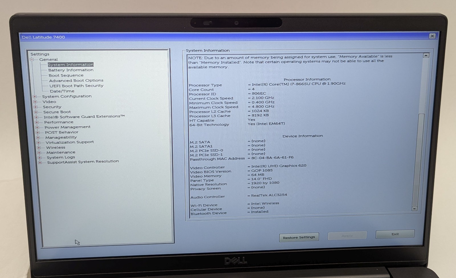 Incomplete Dell Latitude 7400 14″ Laptop Intel i7-8665U 1.90GHz 8GB RAM – *READ*