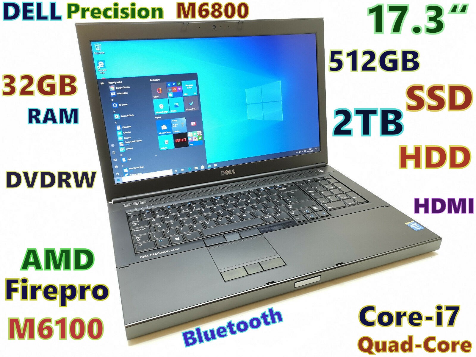 Workstation 17.3″ DELL M6800 i7-QUAD 512GB SSD + 2TB HDD DVDRW 32GB M6100 2GB