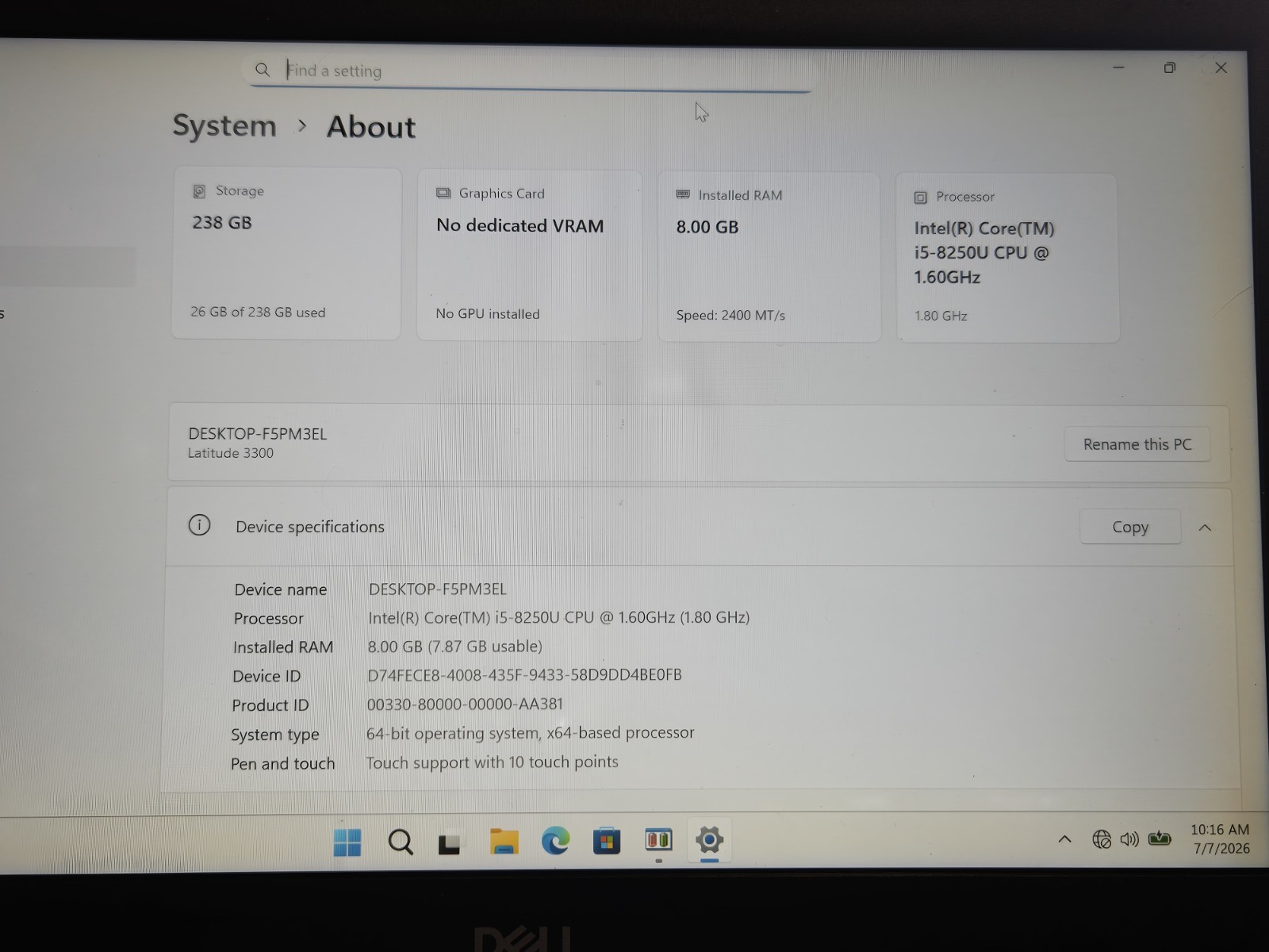 Dell Latitude 3310 13.3″ Intel i5 Black 8GB RAM 256GB SSD Win 11 Pro 65w Charger