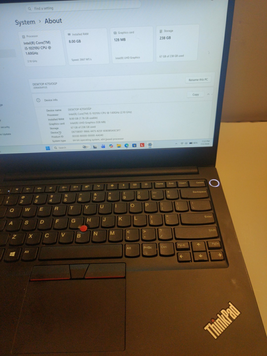 Lenovo ThinkPad E14 i5 10210u Cpu