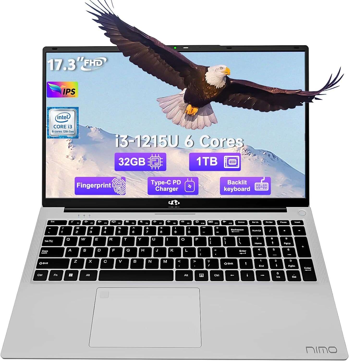 NIMO 17.3 Laptop Intel 6 Core i3-1215U 4.4GHz 32GB RAM 1TB SSD Windows 11 Wifi 6