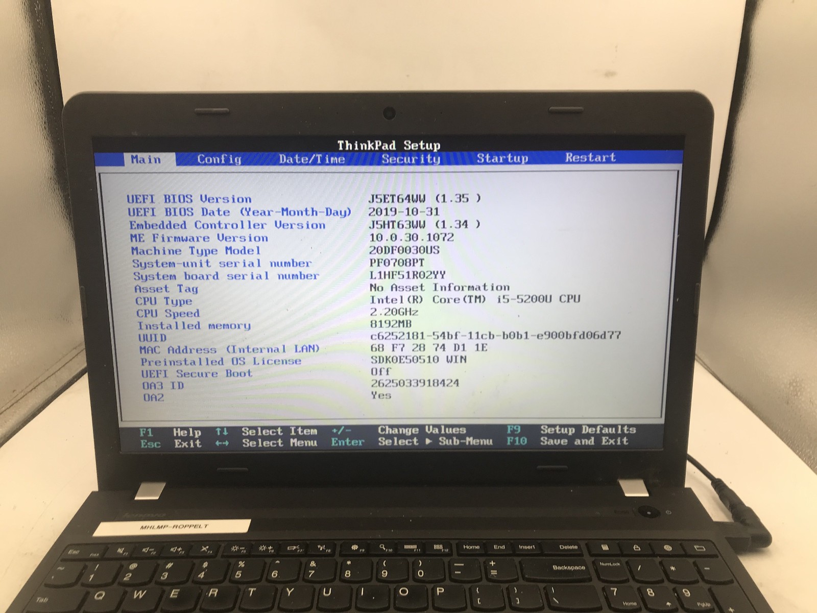 LENOVO THINKPAD E550 – BOOTS TO BIOS – INTEL I5 5200U – NO RAM – READ DESC – BB