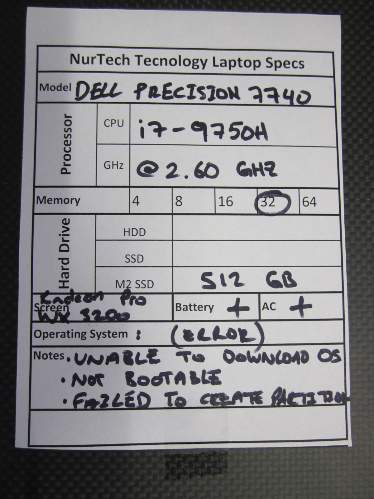 Dell Precision 7740 2.60GHz i7-9750H 32GB 512GB M2SSD WX 3200 Laptop w/ AC READ