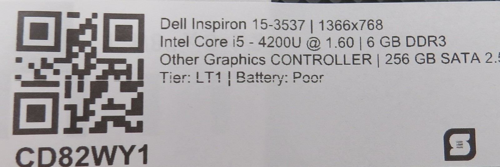 Dell Inspiron 15 i5-4200U @ 1.6GHz 6GB DDR3 256GB 2.5″ SATA SSD 15″ No OS/Batt