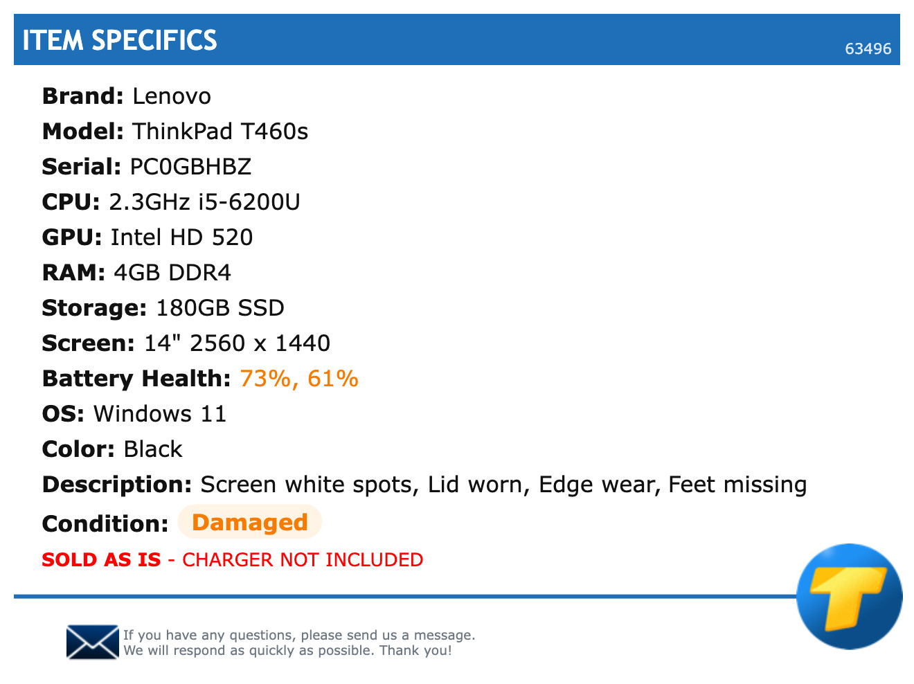 Lenovo ThinkPad T460s – 14″ QHD, 2.3GHz i5, 4GB RAM, 180GB SSD, Windows 11