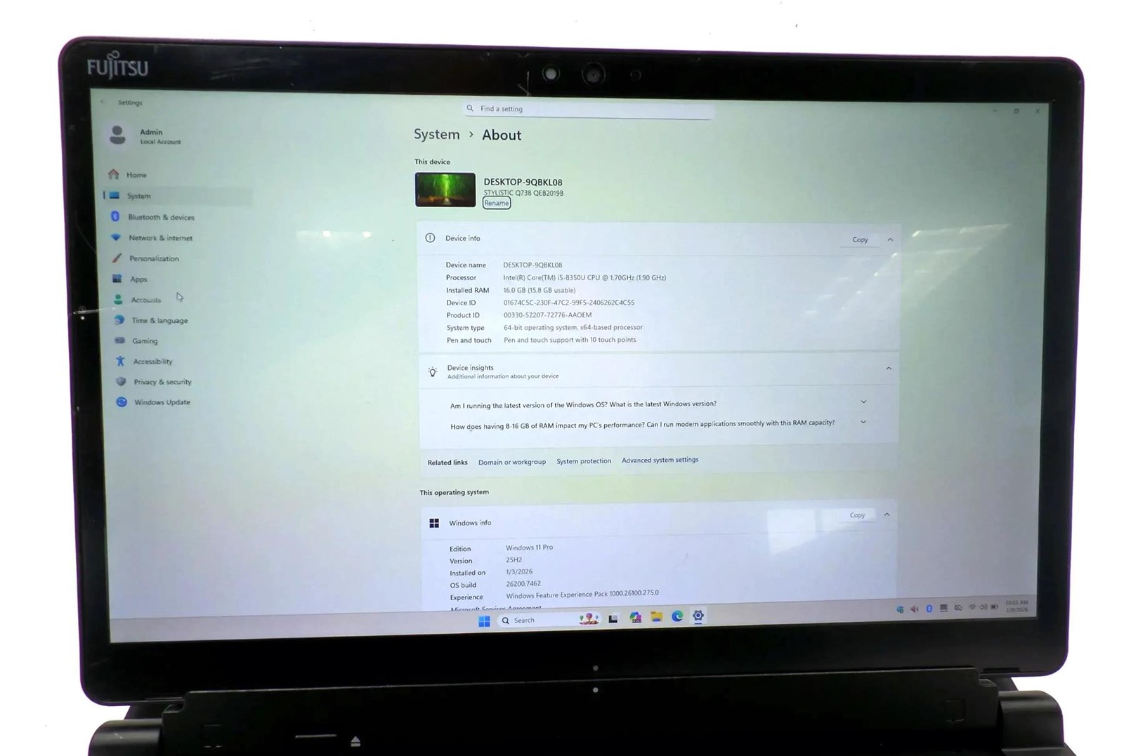 Fujitsu Stylistic Q738 Intel Core i5-8350U 1.7GHz 16GB 128GB SSD