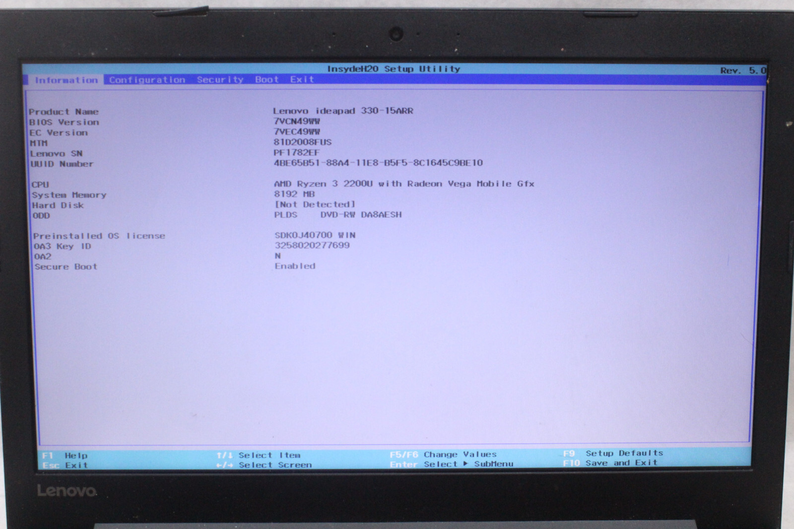 Lenovo Ideapad 330, AMD Ryzen 3 3200U, Radeon Vega 3, 8gb RAM, NO HDD, AS-IS